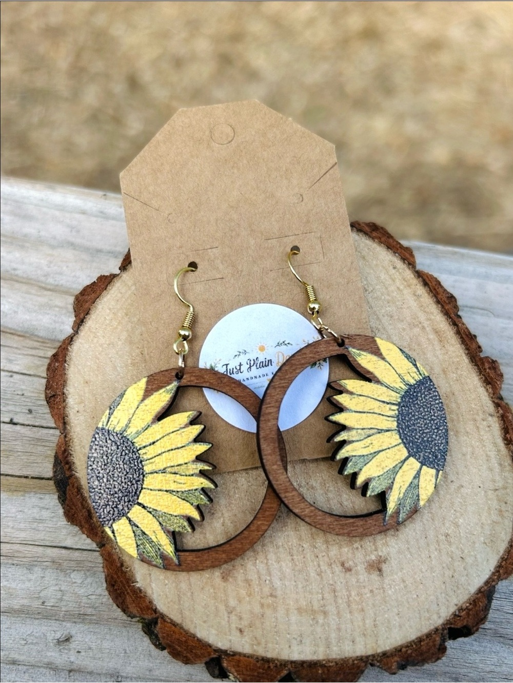 Sunflower Wooden Hoop Dangle Earrings Boho Floral Lightweight Handmade - Picture 2 of 3